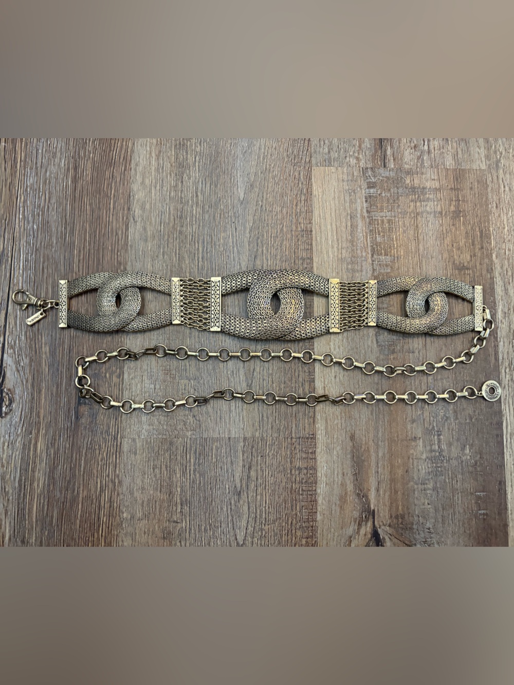 Vingold-tone statement belt featuring textured interlocking links and a chain - Picture 4 of 14